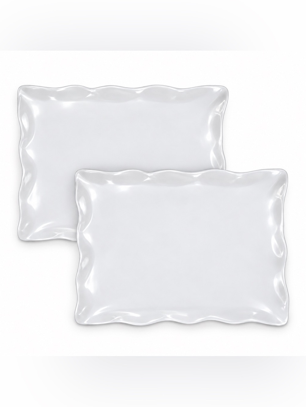 Set of 2 White Melamine Serving Platters 18” Rectangular Wavy Edge Buffet Trays